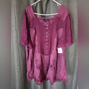 Denim24/7 Blouse Short Sleeve Button Down Embroidered Pink Sz 24W Boho Fairy